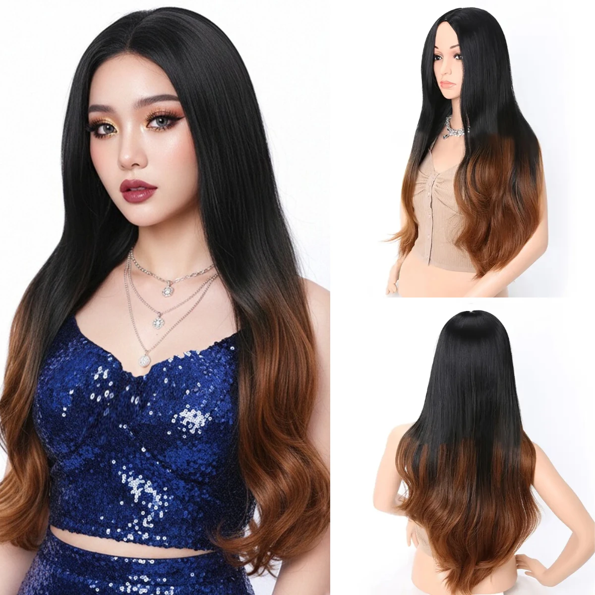 Women's Heat Resistant Synthetic Wig Long Wavy Black Brown Middle Part Wig for Lolita Cosplay Halloween Christmas Casual Glam