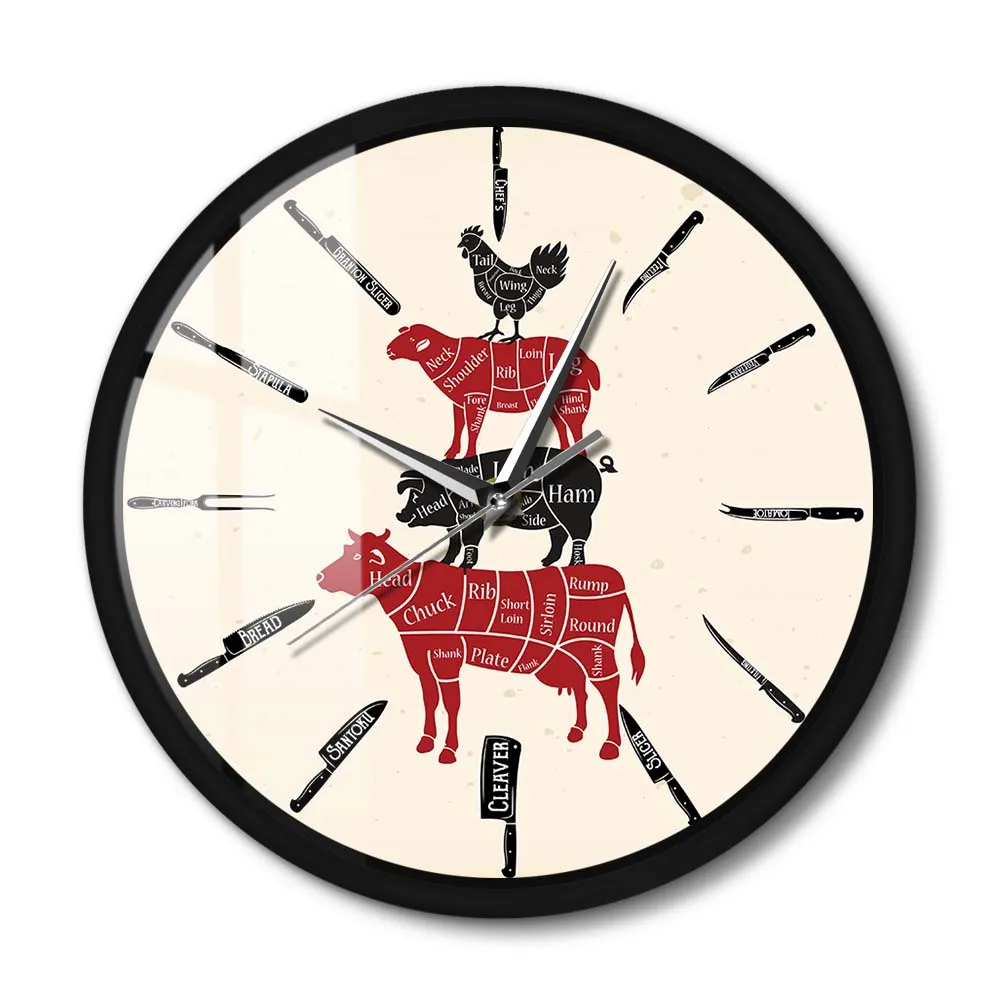 Kitchen Knives Butcher Shop Metal Frame Wall Clock Silent Beef Mutton Pork Chicken Meat Cuts Diagrams Wall Watch For Chef Cook