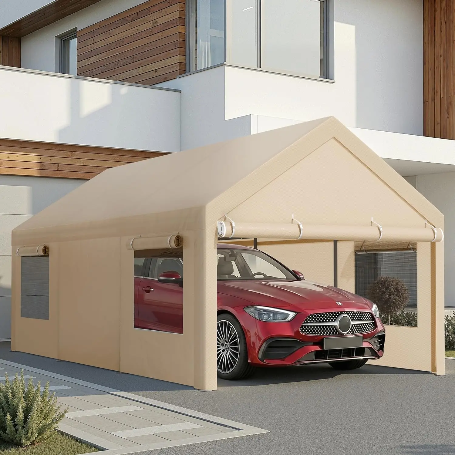12x20 ft Carport with Roll-up Windows, Garage with Removable Sidewalls & Doors, Canopy with Sandbags，Customized