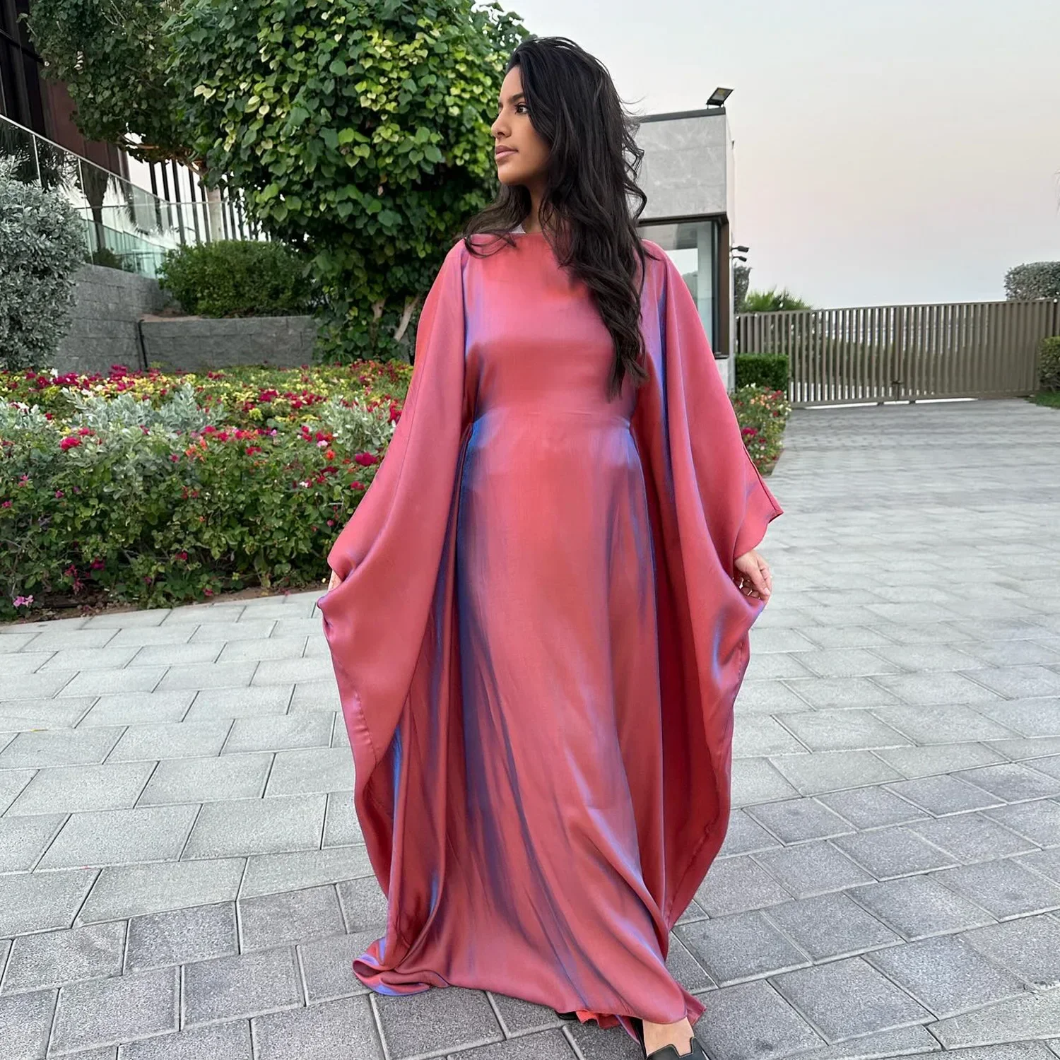 Ramadan Satin Abaya Muslim Summer Batwing Sleeve Abayas Women Kaftan Robes Muslim Dress Outfits Gowns Maxi Dresses for Women