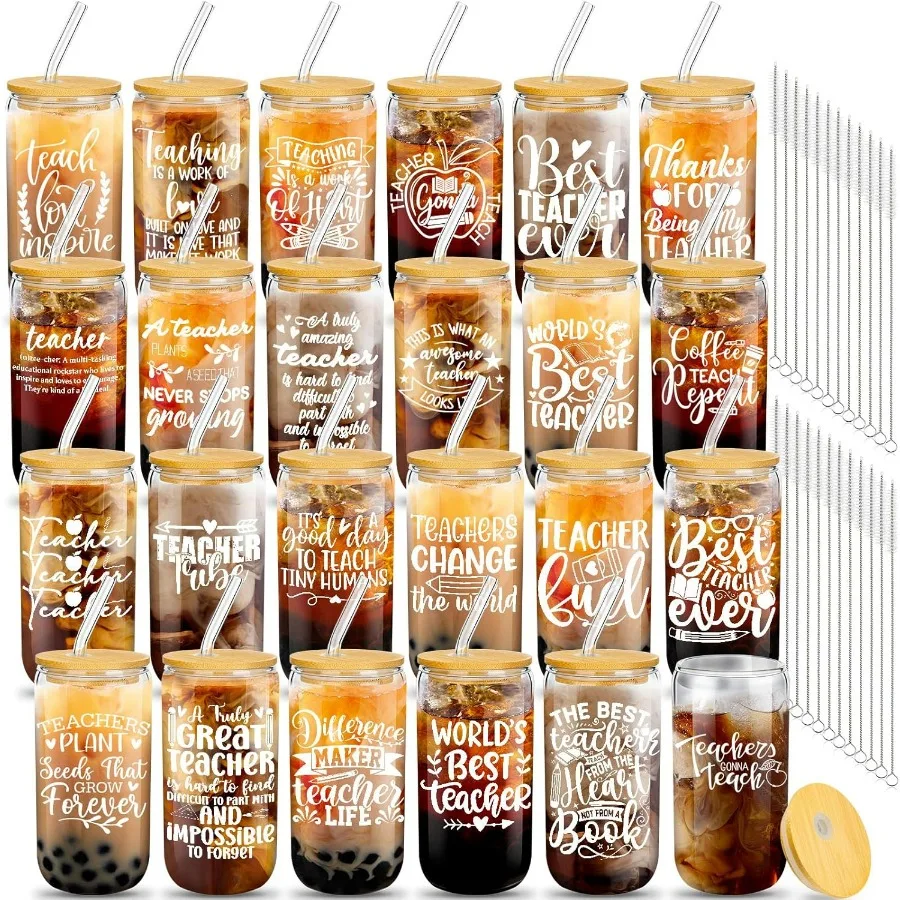 

24 комплекта объемных подарков для учителей на Рождество, конец года, 16 унций, стеклянные чашки для учителей с крышками, соломинки, чистка B