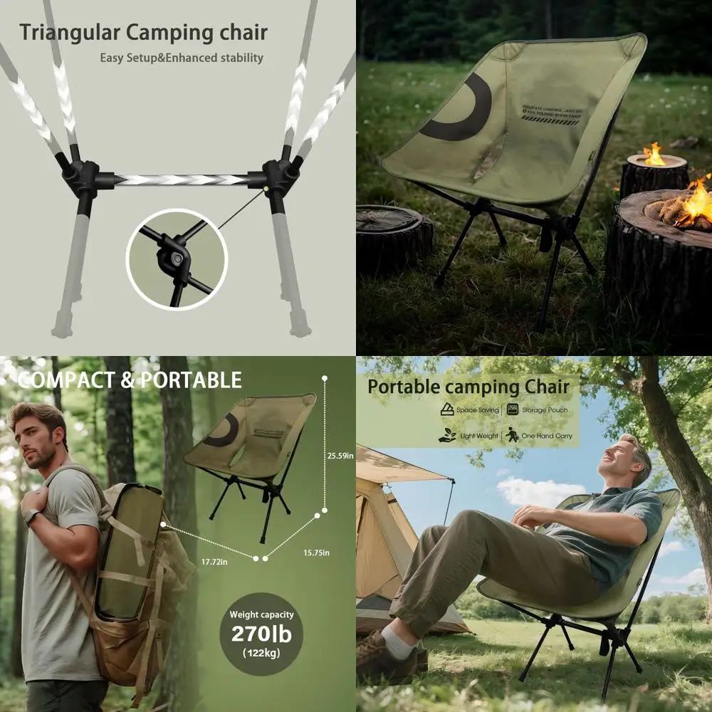 

Портативное кресло для кемпинга на открытом воздухе для взрослых - сверхпрочное, выдерживает нагрузку до 270 фунтов, компактное и долговечное, с эргономичной поддержкой (армейский зеленый)