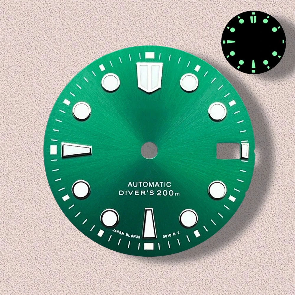 28.5mm logotipo s nh35 sunray dial adequado para movimento nh35/nh36/4r/7s de alta qualidade nh35 modificado acessórios c3 verde luminoso