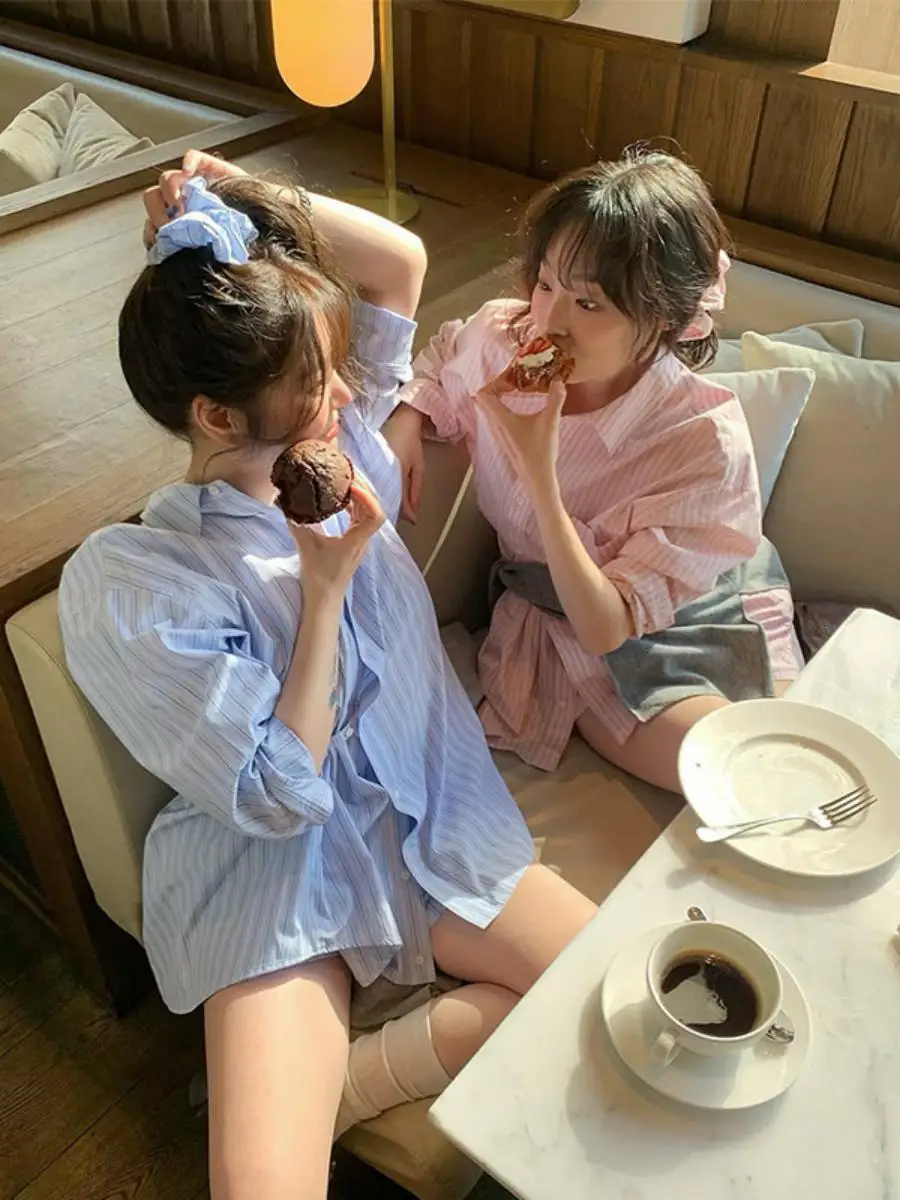 

Gentle Age-Defng Basic Versatile Preppy Color Blo Striped Button up irt Spring Summer Long Sve Collar Midi Length