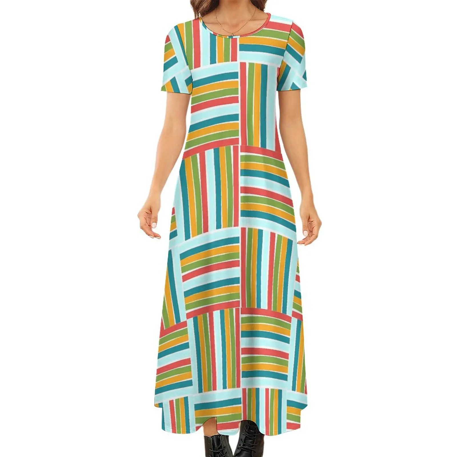 Color Block Dress Colorful Stripes Street Fashion Bohemia Long Dresses Woman Retro Maxi Dress Birthday Present