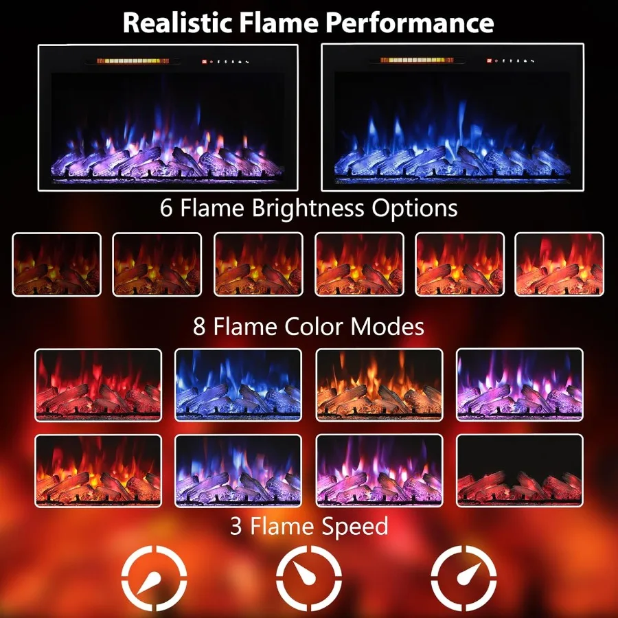 33 in Electric Fireplace Inserts Wall Mounted and Recessed Fireplace Heater with Remote Control Featuring 8 Flame Colors Adjust
