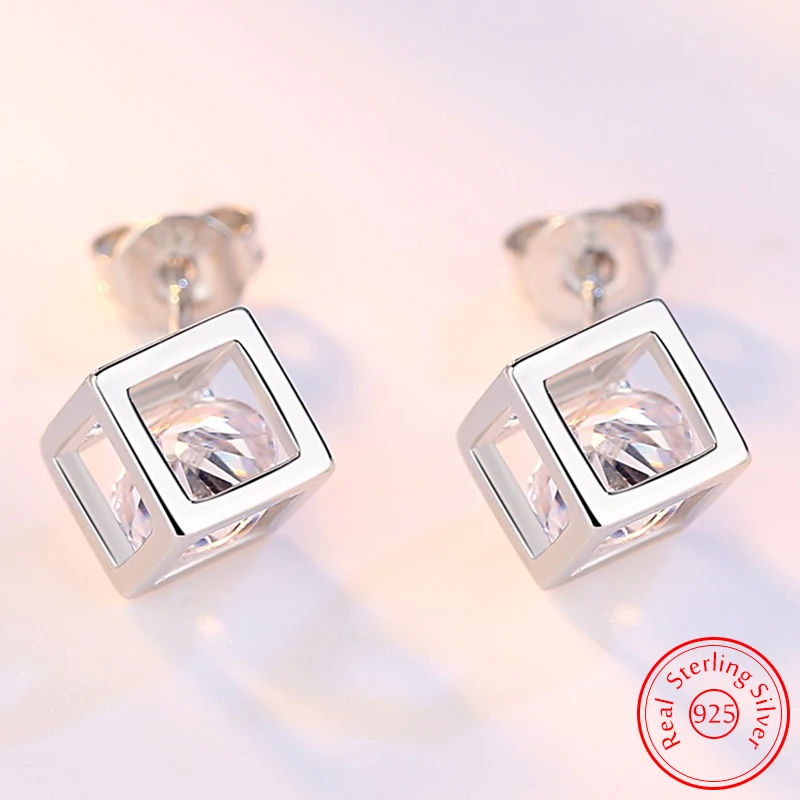 

Genuine 925 Sterling Silver Woman's Gift New Jewelry Square Hollow Box Crystal Stud Earrings XY0300