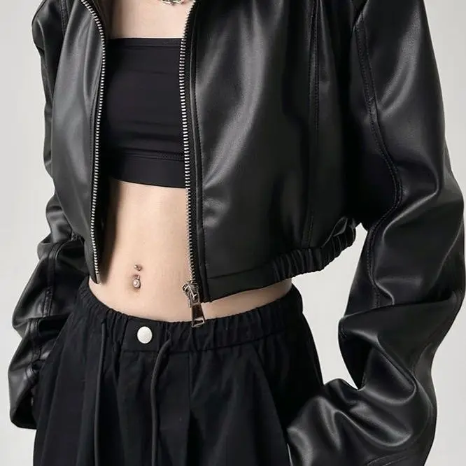 Y2k Black New PU Leather Jacket Cropped Jacket Long-sleeved Top Motorcycle Jackets Design Loose Streetwear Coat Trendy Vintage