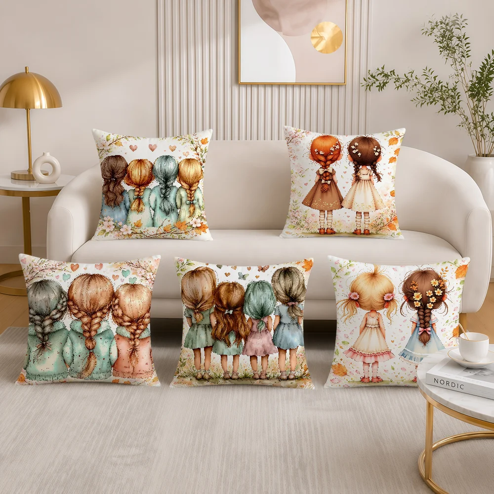 Cute Retro Kid Girls Best Friends Sister Cushion Cover Soft Pillowcase Double Sided Sofa Home Living Room Decor Bed Hogar Gift
