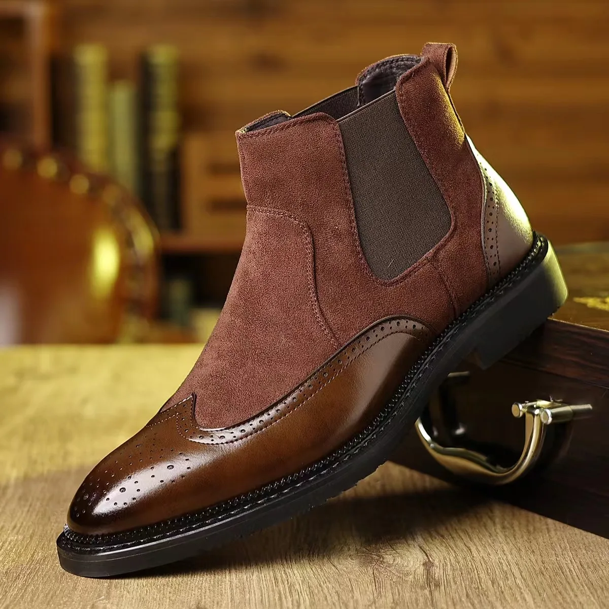 

Мужские классические короткие ботинки «Челси» в стиле ретро, мужские модные лоскутные броги, ботильоны, повседневная обувь с высоким берцем в британском стиле для мужчин