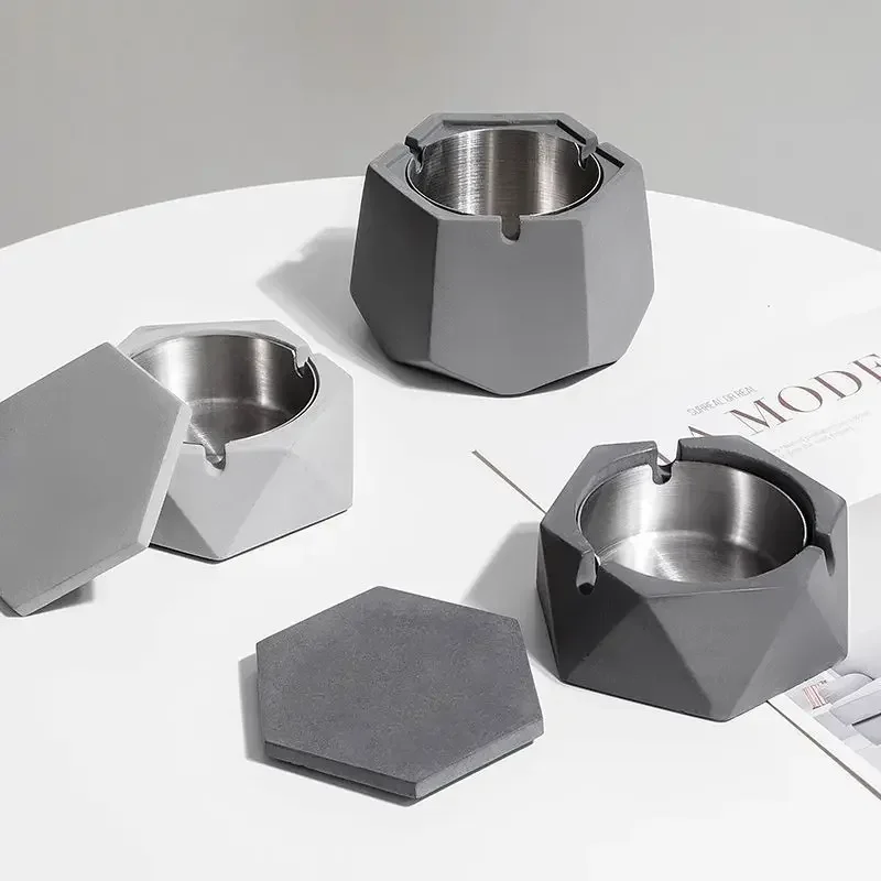 Concrete Ashtray with lid Geometric Cigarette Ashtray Outdoor Ashtray with Stainless Steel Inner Tray Nordic Style Smoking Tool