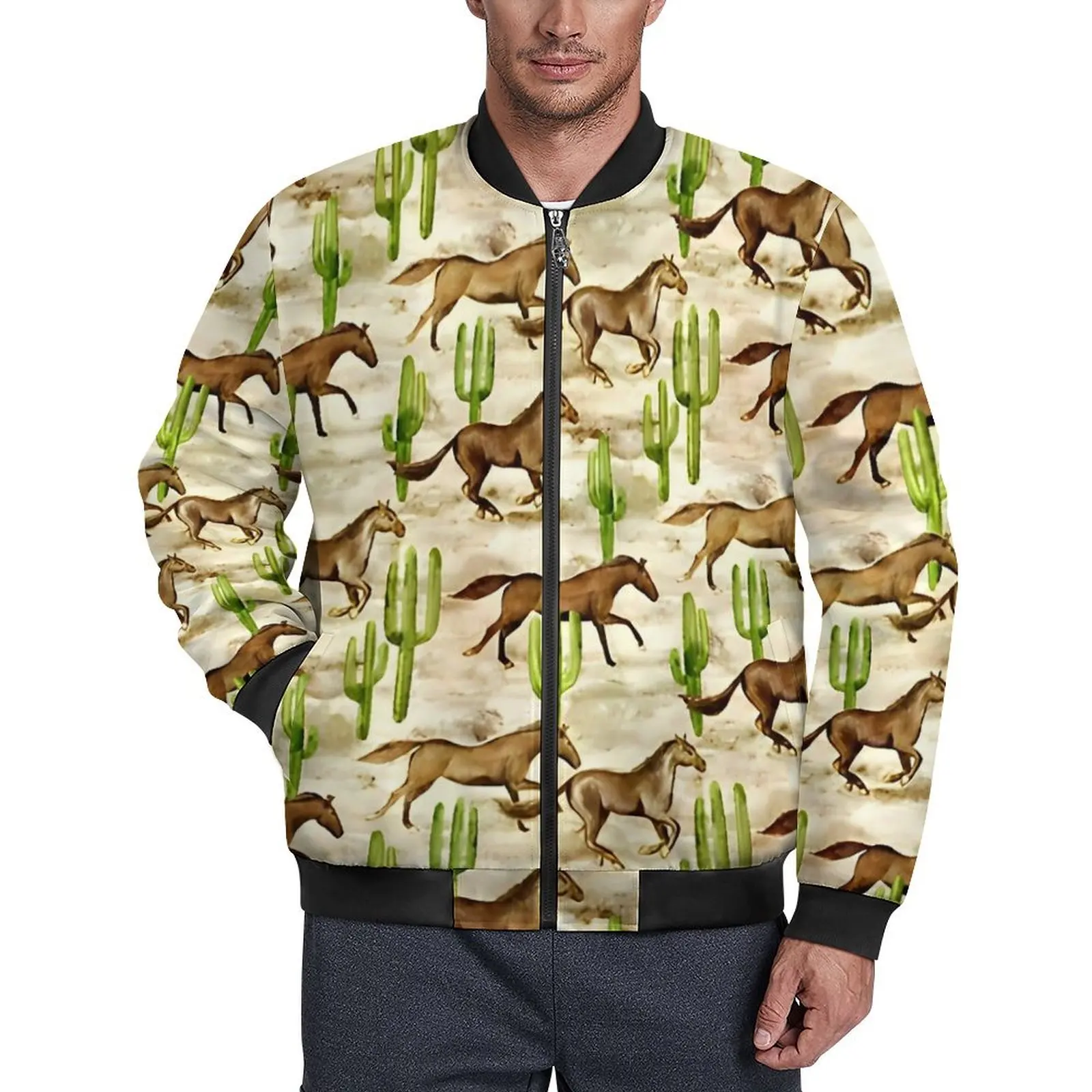 

Watercolor Horses Print Jackets Male Autumn Coats Street Wear Zip Up Casual Windbreakers Printed Loose Jacket Large Size