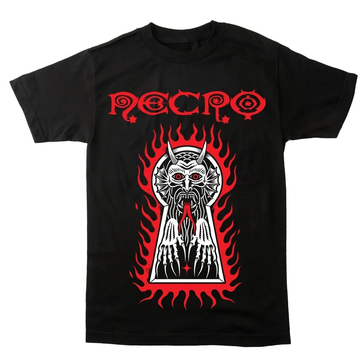 Keyhole Frame Horned Demon Flame Print T‑Shirt Necro Unisex T‑Shirt Underground Death Rap Fan Music Top