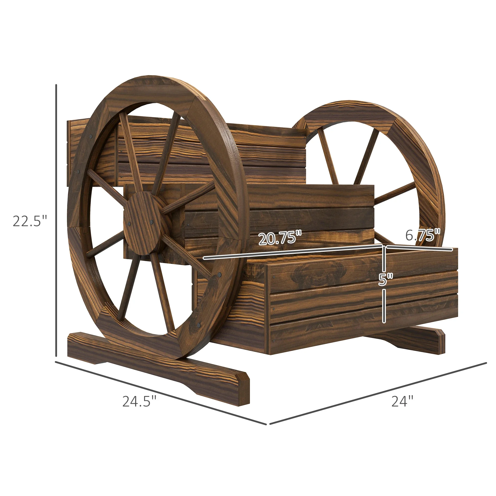 Caixa de plantio de madeira, 3 camadas de cama de flores, roda de vagão de fazenda, caixa de planta autodrenante, carbonizada