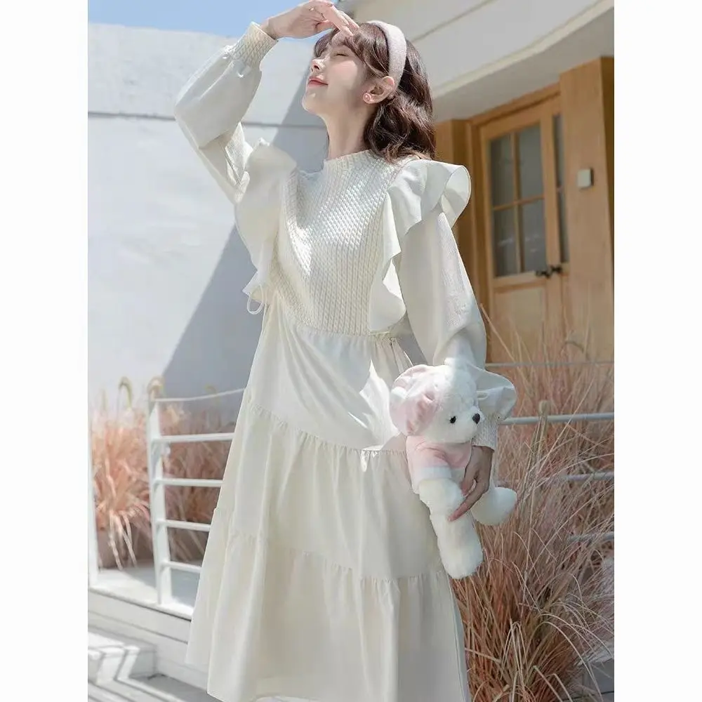 Korejpaa Gentle Women Dress Elegant Slim High Waist Patchwork Ruffled Long Sleeved Dresses French Sweet Vestido Feminino