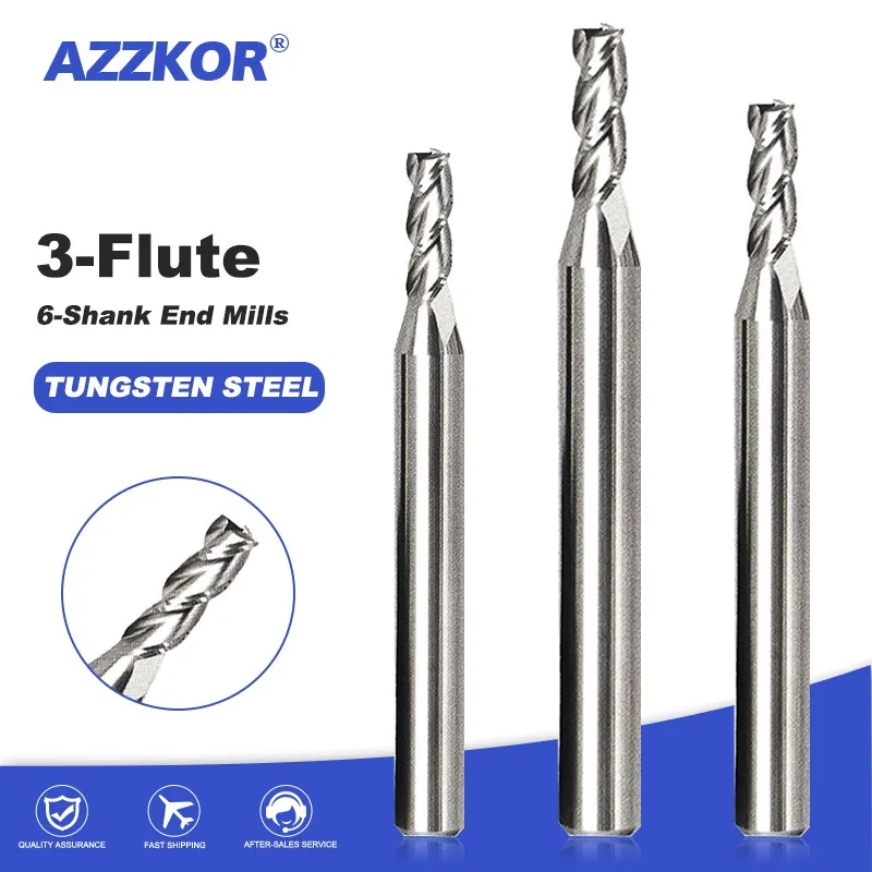 AZZKOR Tungsten Steel Carbide High Gloss HRC55 3-Flute Flat Milling Cutter For Aluminum CNC Mechanical 6-Shank End Mill Tools