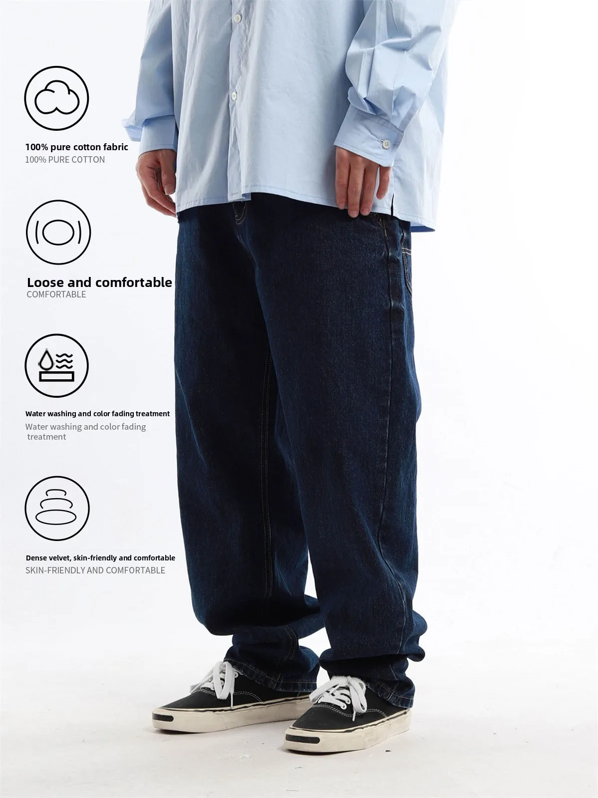 Retro Japanese Style Men's Deep Blue Washed Jeans Straight Leg Wide Leg Loose Casual Pants Versatile Comfortable Urban Fashion