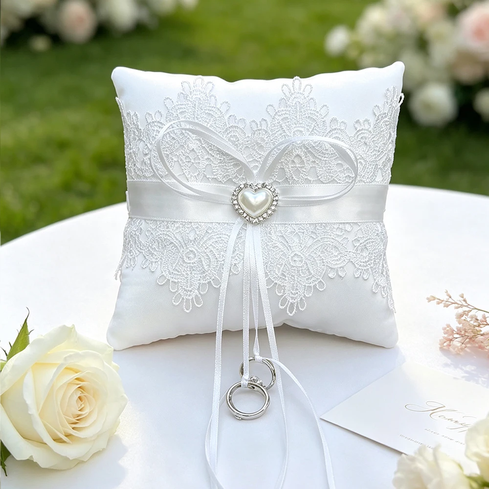 5.9inch(15cm)Wedding Ring Pillow ,European Lace Heart Pearl Decoration, Bridal Ring Cushion for Wedding Ceremony Got Engaged