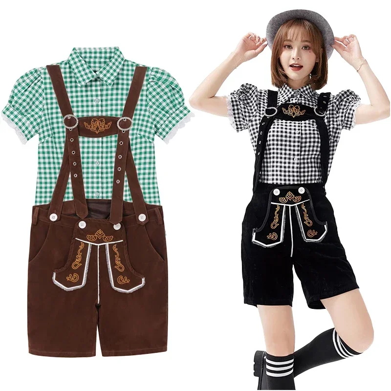 

Halloween Women Sling Lederhosen and Shirt Outfit Women German Bavarian Suspenders Rompers Outfit Waitress Cosplay Costume