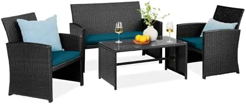 4-Piece Outdoor Wicker Patio Conversation Furniture Set for Backyard w/Coffee Table, Seat Cushions - Black/Peacock