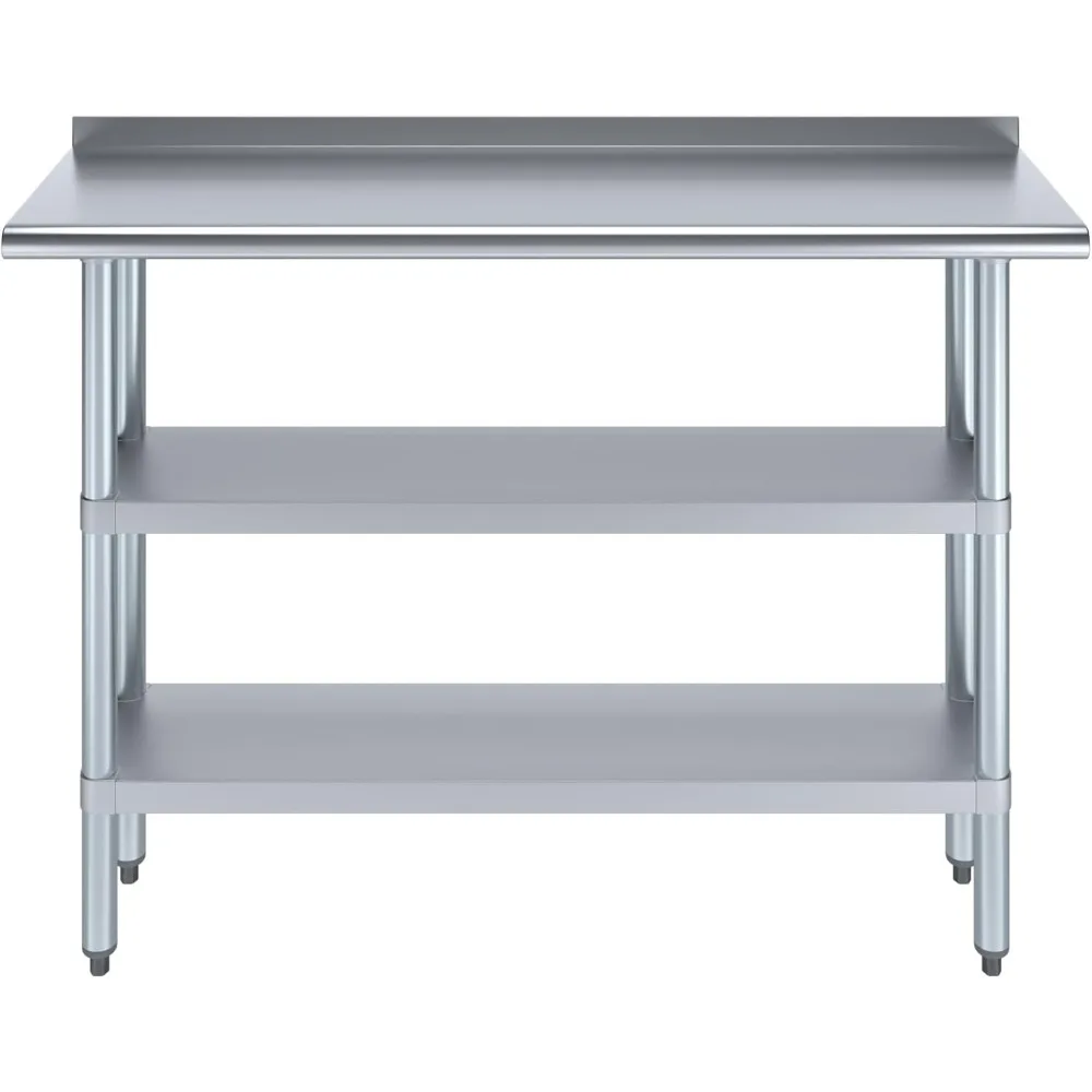 Stainless Steel Work Table with 1.5" Backsplash and 2 Shelves Metal Kitchen Food Prep Table 48" Long x 14" Deep