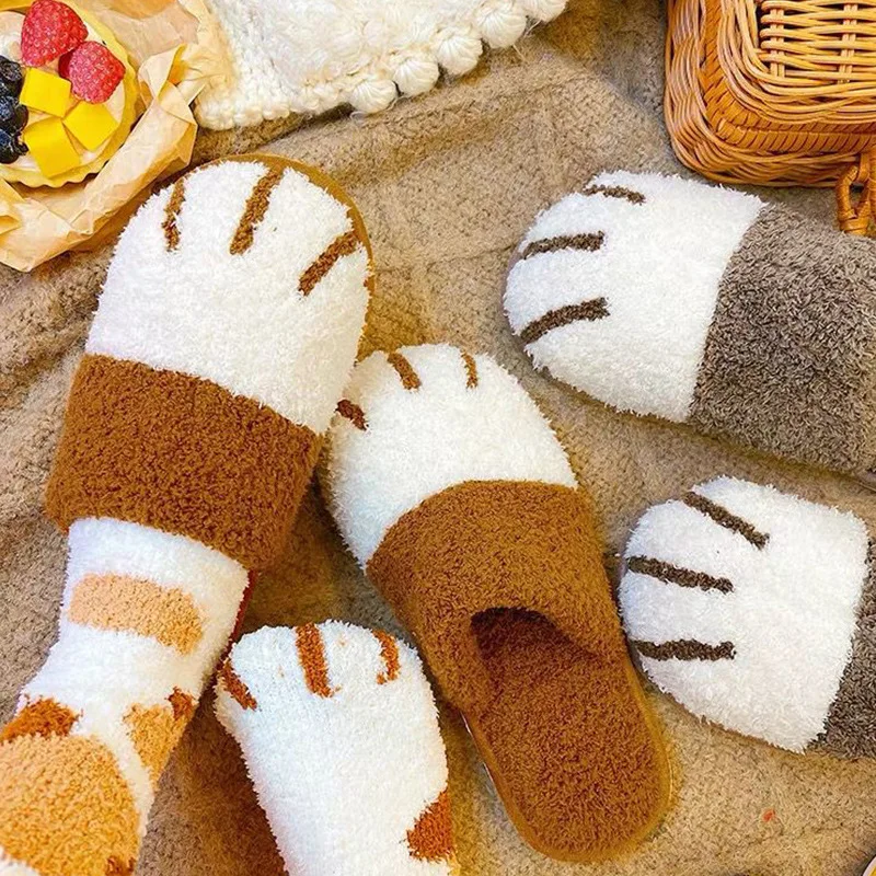 Cute Cartoon Cat Paw Warm Slippers Women Men Indoor Floor Flat Shoes Spring Autumn Winter Home Cotton Plush Zapatos Mujer