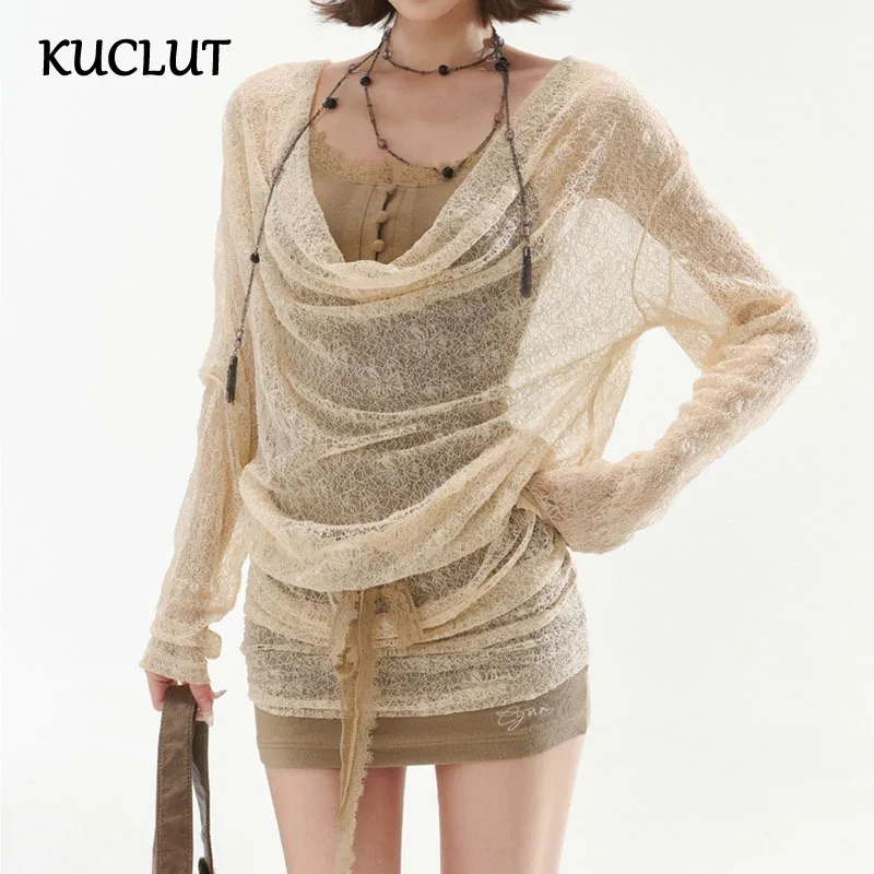 

KUCLUT 2025 Summer New Fashion Fake Two Mesh Cover Shirts With Suspenders Lace-up Waist Versatile Tops Female Trendy 1A261