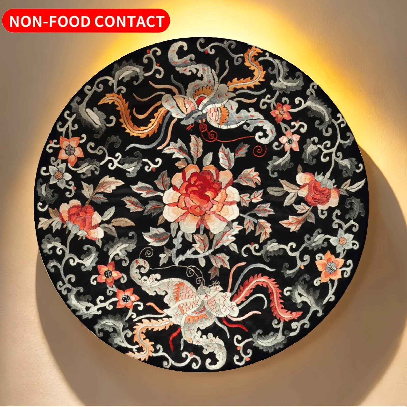 One-Piece Decorative Plate Features Beautiful Double Phoenix Embroidery Design. It Is a Non- Contact Ceramic Wall Art Piece