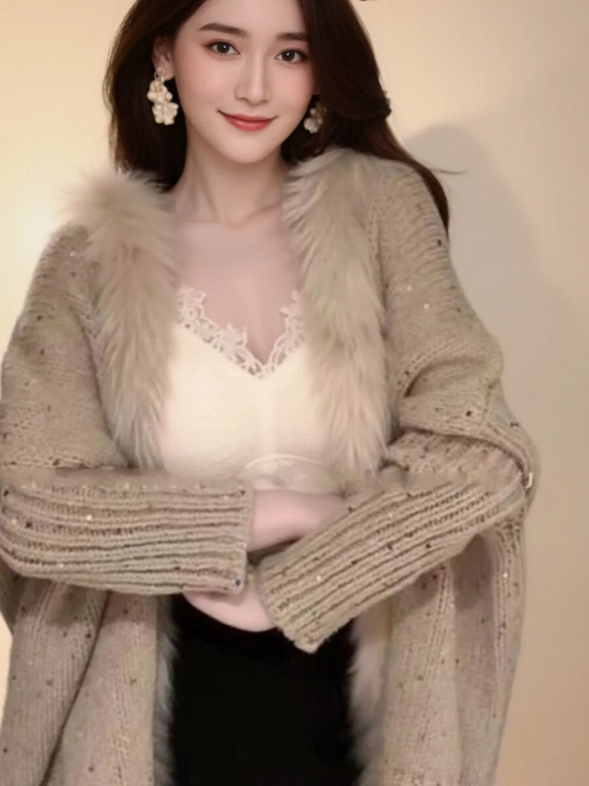 

Ele Women's Knitted Sweater Vintage Loose Soft Knitwear Faion Design Sequin Fur Collar Open Cardigan Comfortable Fit
