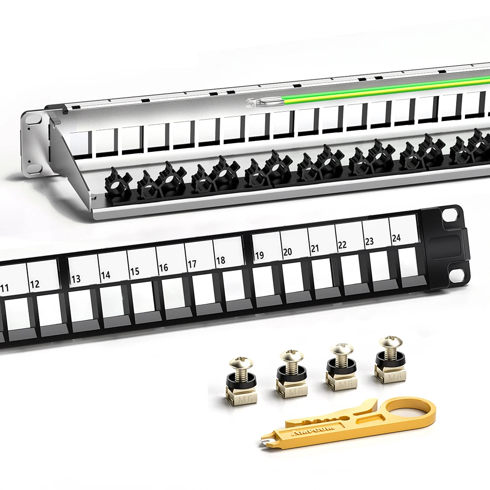 Panel patchworkowy AMPCOM 1U, 24 porty, do montażu w szafie rack 19 cali lub na ścianie, z tylnym panelem zarządzania kablami do kabli Ethernet. — zdjęcie produktu 7
