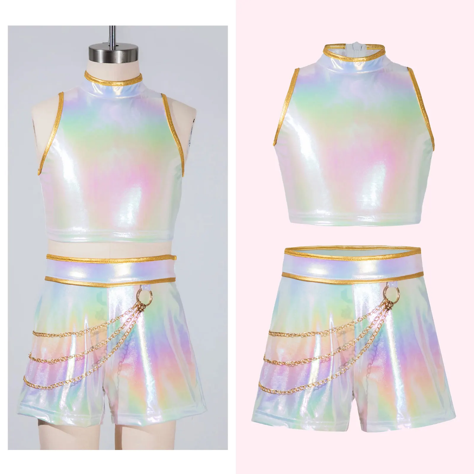 

2Pcs Demon Cosplay Singer Outfit Big Girls Metallic Gloss Crop Top And Waist Chain Shorts Set for Halloween Theme Party Suits