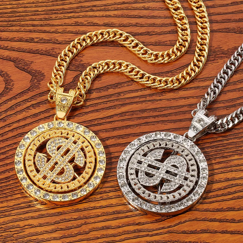 2023 Hip Hop Fashion New Bitcoin Turn Pendant Long Necklace Men's Punk Simple Rhinestone Chain Women Jewelry Gift