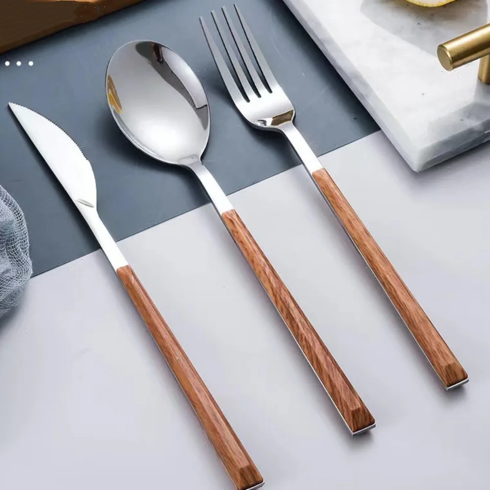 Simplicity Stainless Steel Spoon Fork Knife Wood Grain Thickened Steak Knife Portable Western Tableware Dessert Spoon