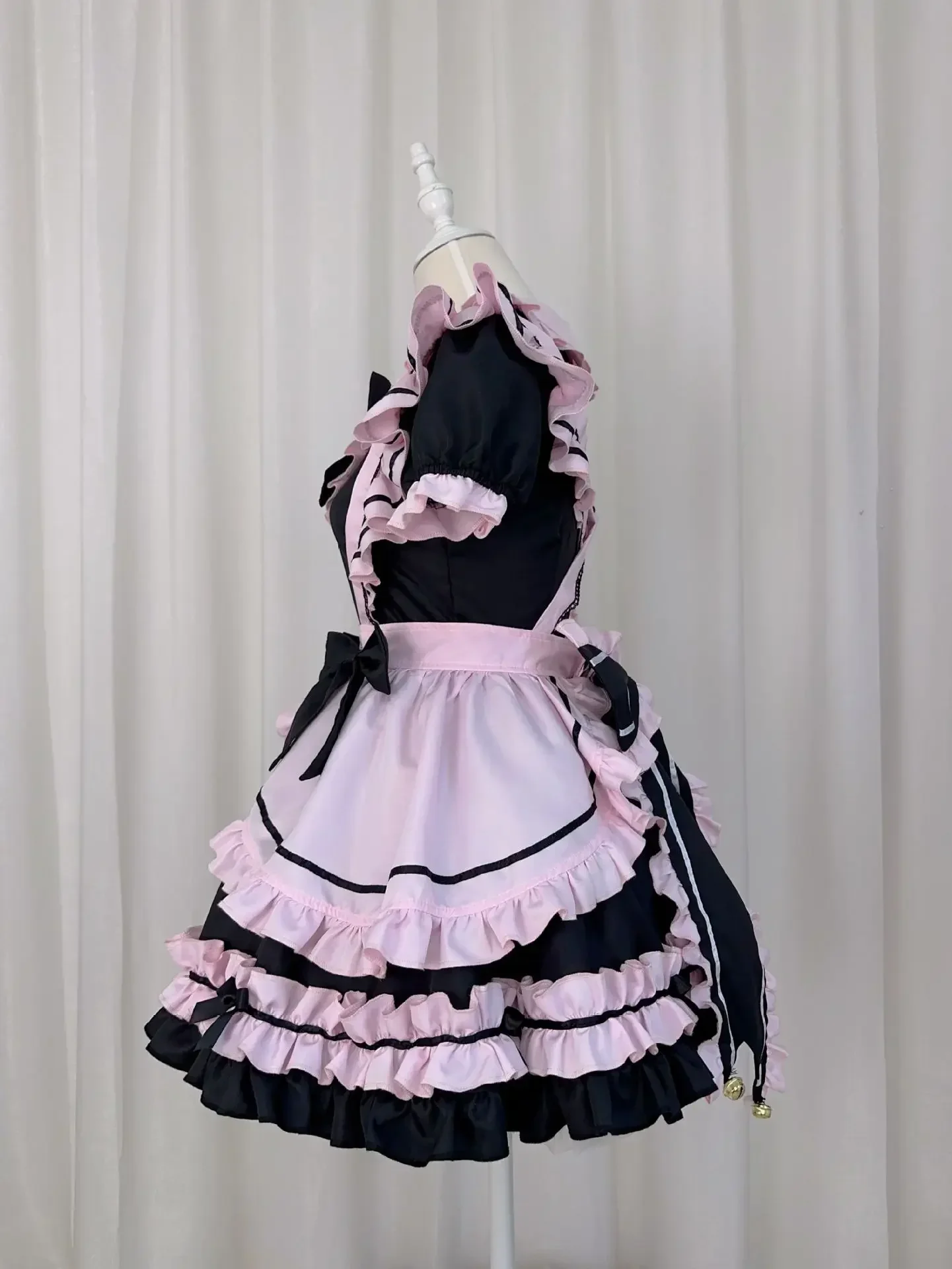 Anime Gothic Lolita JSK fur s, Short Sleeve, Kawaii Bow, Maid Party fur ses, Cosplay Cats Girl, Harajuku Cute Pink Ruffles, Black