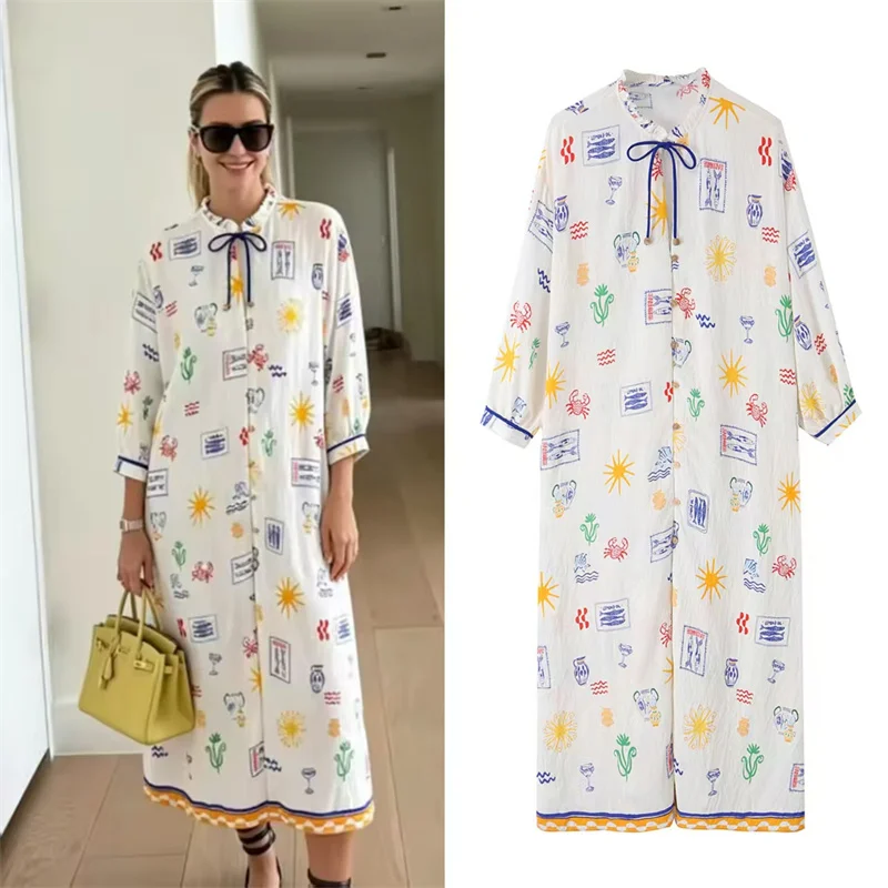 

PRINTKAOIR Women's Dress 2026 Summer New Bohemian Style Printed Long Sleeve Loose Lazy Maxi Dress Beach Vacation Unique Fashion