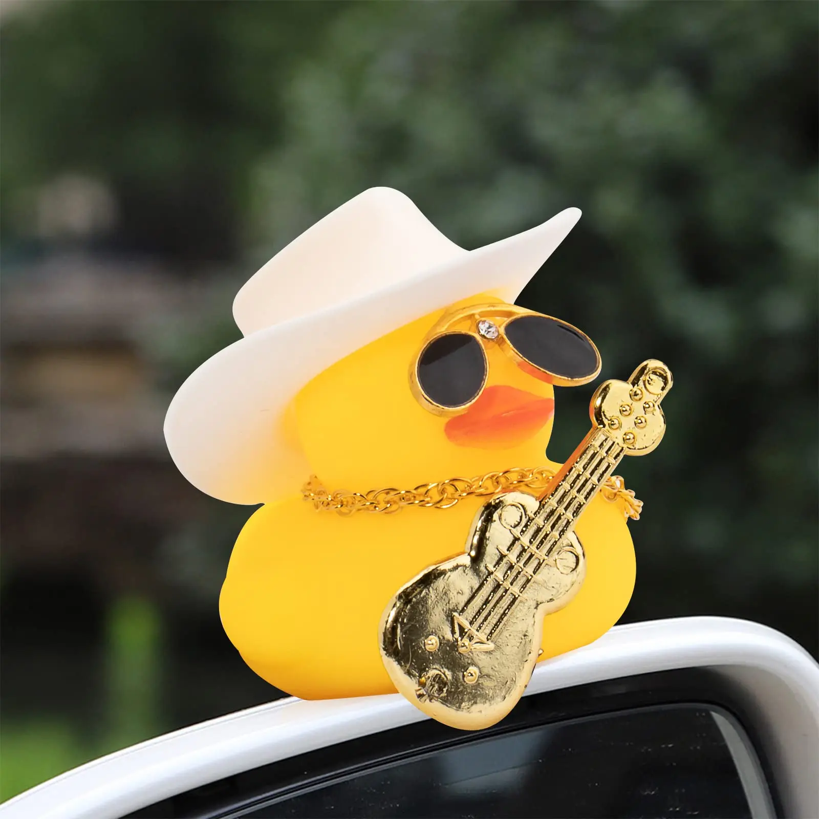 Car Duck Ornament Dashboard Decorations for Car Rubber Accessories with Sunglasses Hat Necklace Swim Ring and Mini Musical Instr