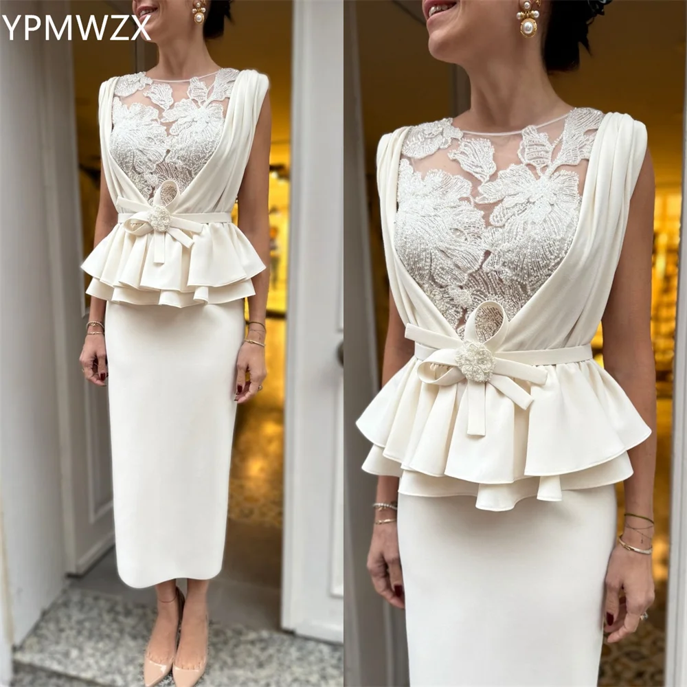 Customized YPMWZX Scoop Neckline Column Ankle length Skirts Knot Draped Print Bespoke Occasion Dresses