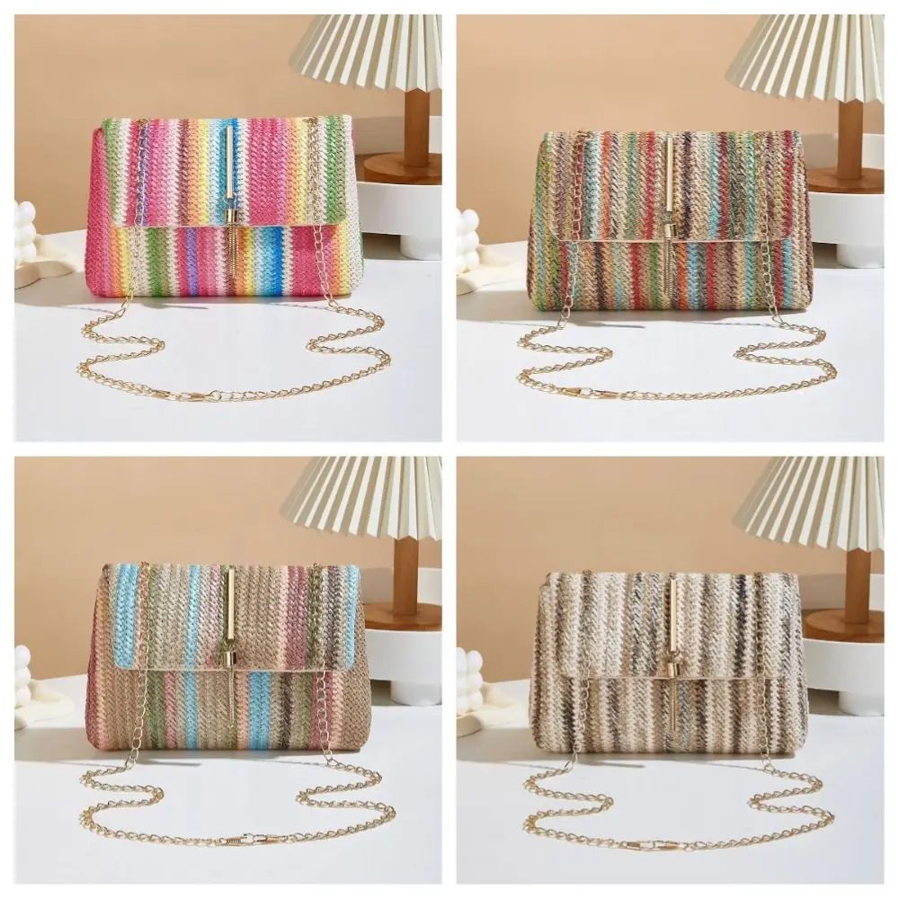 

Simple Colorful Stripe Straw Shoulder Bag Ethnic Style Portable Rainbow Handbag Exquisite Casual Mobile Phone Pouch Outdoor