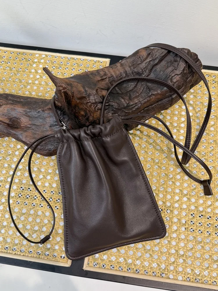 Casual Women Drawstring Sheepskin Genuine Leather Phone Bag Handbag Single Shoulder Underarm Fashion Soft Summer Crossbody Bags