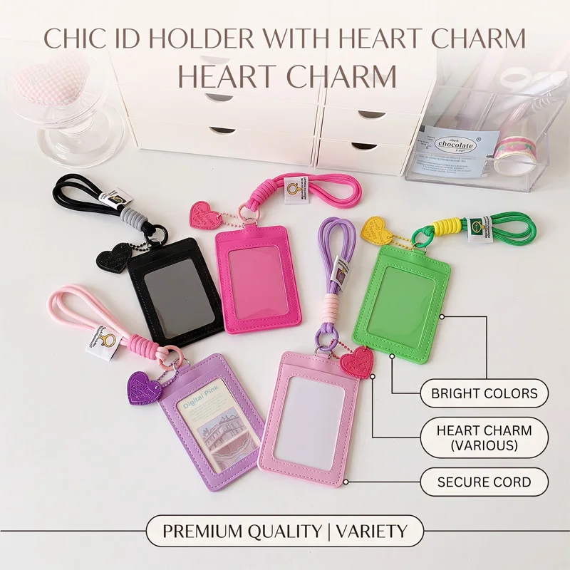 PU Leather ID Card Holder Solid Color Heart Charm Pendant ID Card Protective Cover Student Campus Card Meal Card Cover