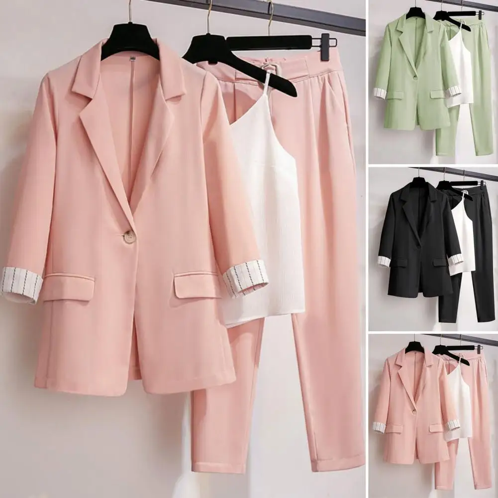 3 Pcs/Set Women Coat Suit Chic Straight Blazer Suit Pants Vest Set Turn-down Collar Lady Business Outfit Women Garment