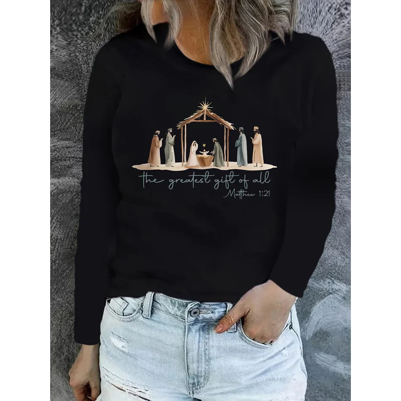 Women Long Sleeve T-shirt Christmas Nativity Scene Letter Print Crew Neck Casual Tee