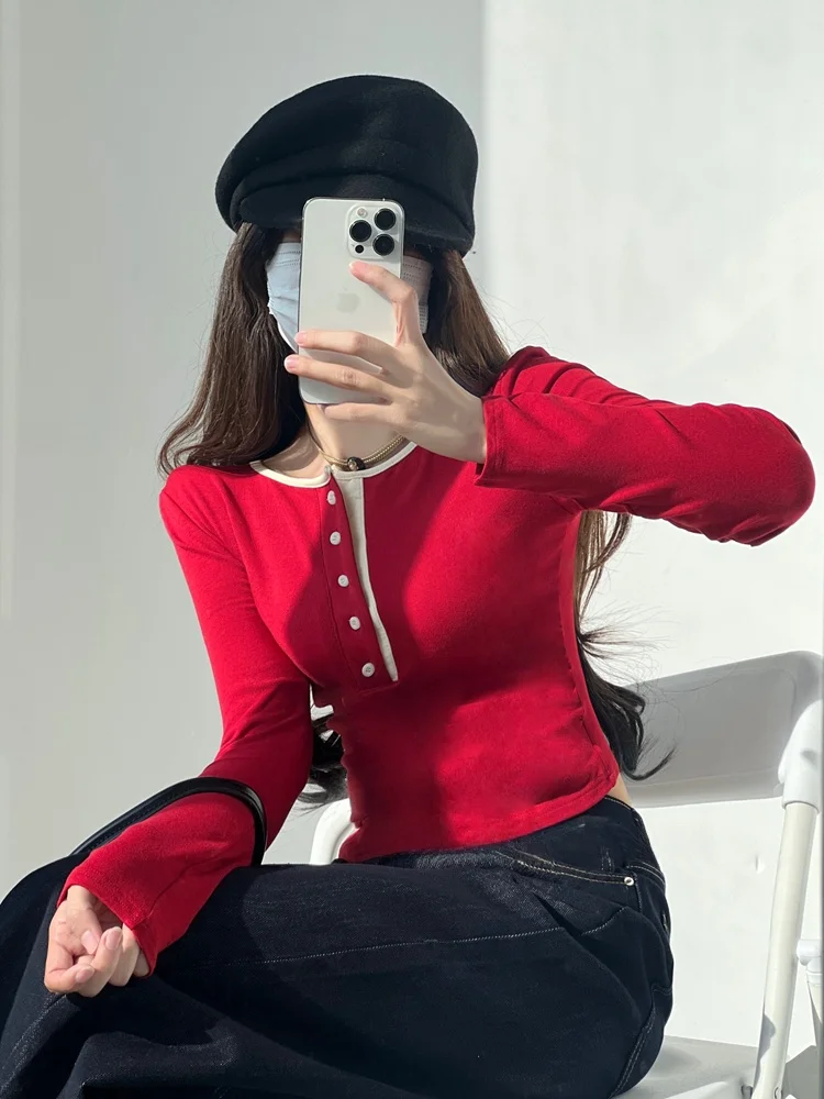 Cseta de Manga Longa em Estilo Retro com Bloco de Cores para Mulheres, Camada Base de Primavera e Outono, Top Slimming com...