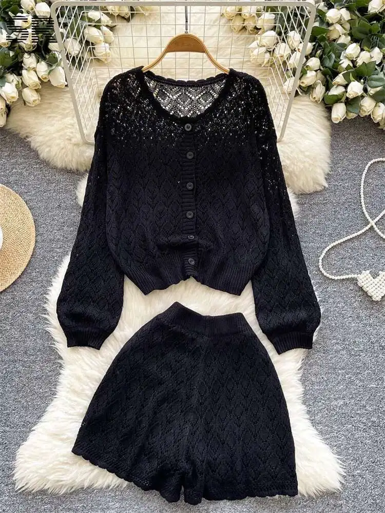 

BabYoung Hook Flower Hollow Suits O Neck Long Sleeve Cardigans+Wide Legs Shorts Solid Korean Women Loose Senior Basics Knit Set