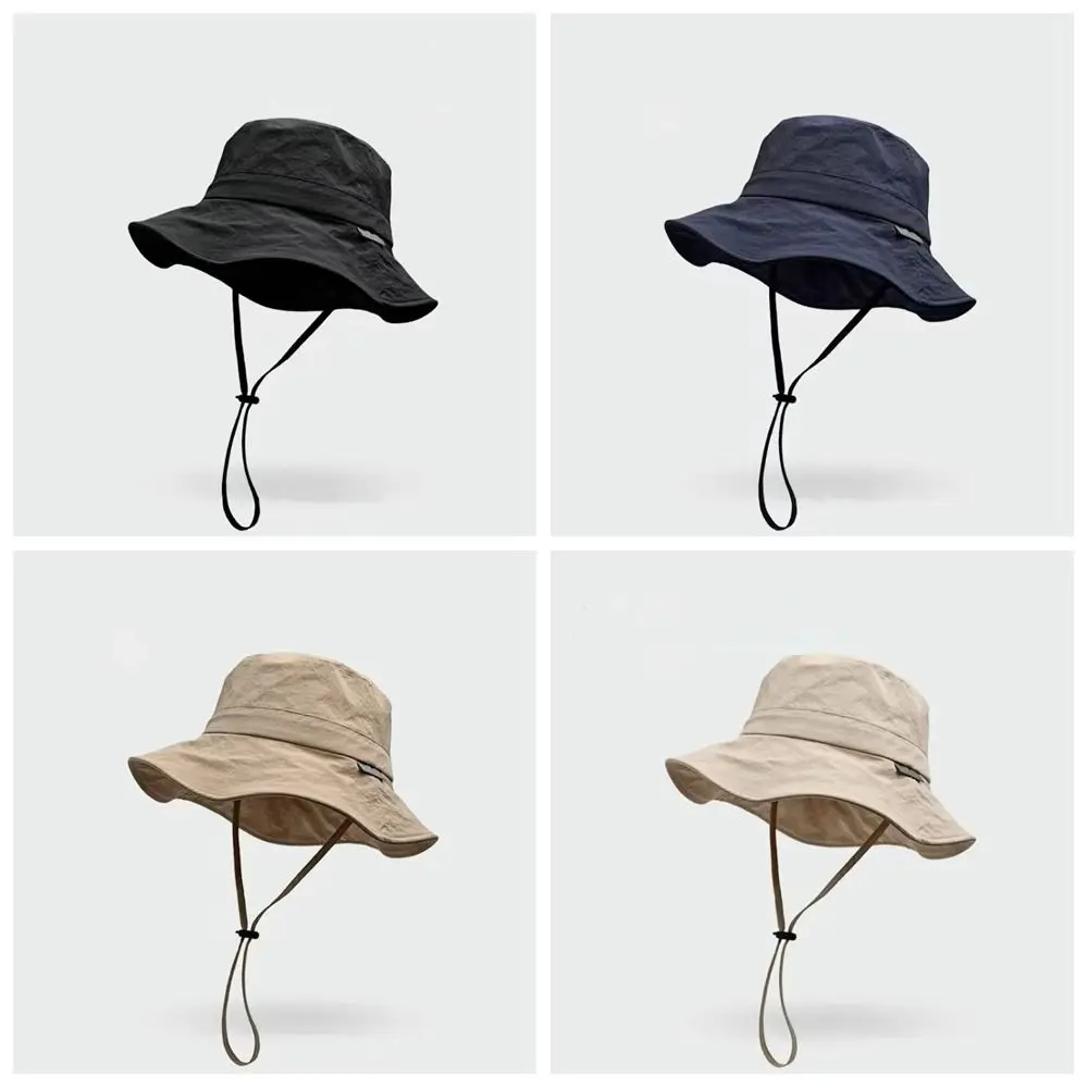 Chapéu de pescador com cordão, proteção uv, cor sólida, japonês, secagem rápida, à prova d'água, aba larga, chapéu de sol, pesca