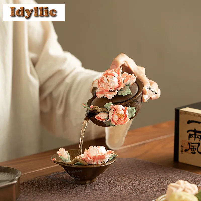 HOYIHM 110ml Wood-fired Peony Gourd Teapot Antique Tea Infuser Pot Household Tea Brewing Kettle With Filter Chinese Tea Set Gift