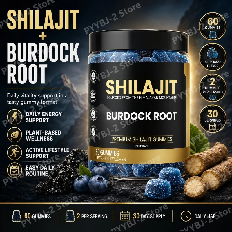 Shilajit Gummies 60 Count Blueberry Flavor Supplement Support Energy Levels & Immune System—105+ Trace Minerals and Burdock Root