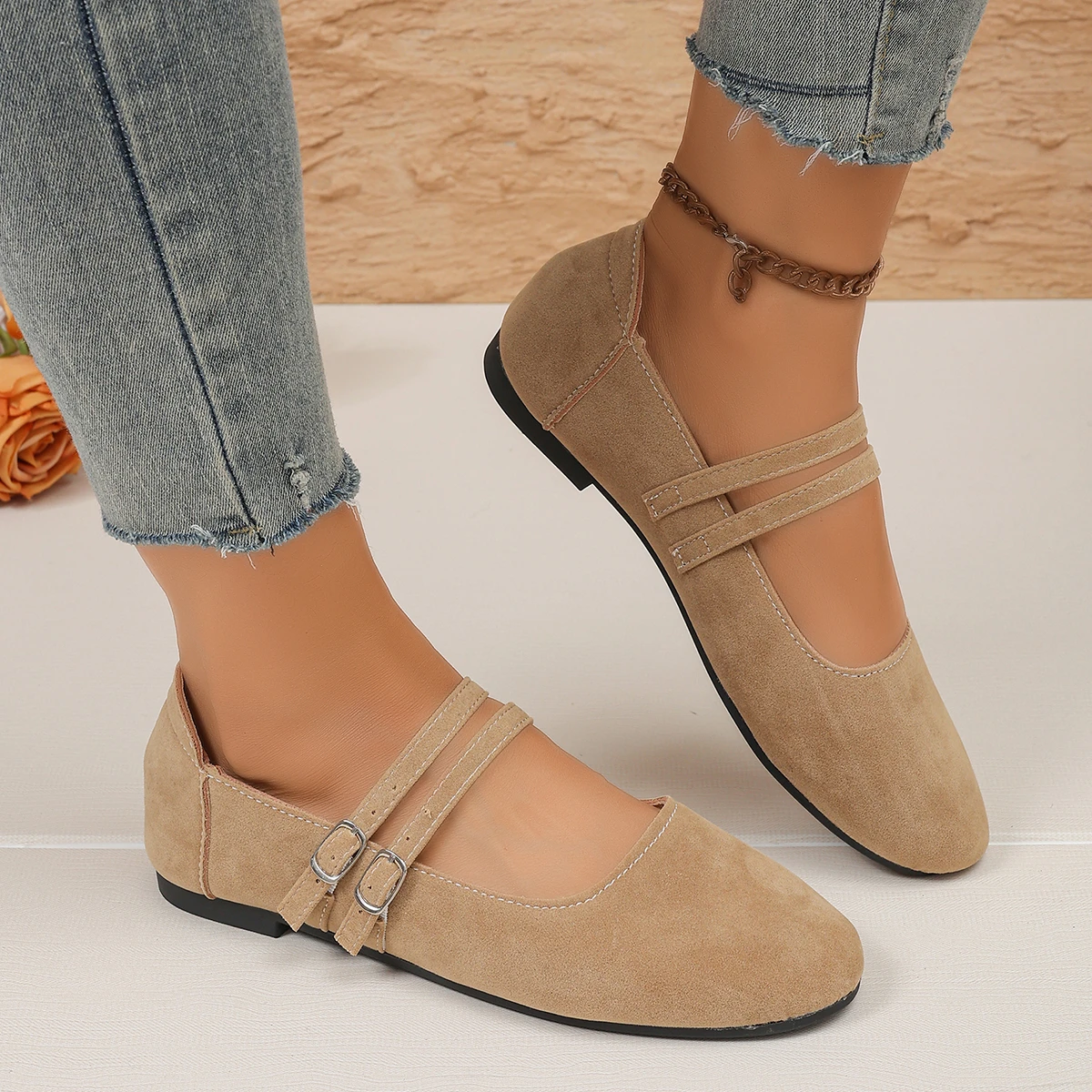 Damen Mary Jane Ballerinas mit doppeltem Riemen, runder Zehenpartie und weicher Sohle, Freizeitschuhe – Detail 5