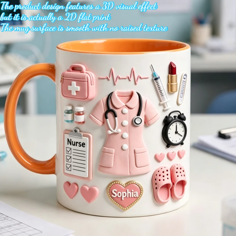 1pc 11oz Pink Nurse Uniform Mug 2D Flat Print Personalized Nurse Coffee Cup Stethoscope EKG Slipper Print Thanksgiving Gift For