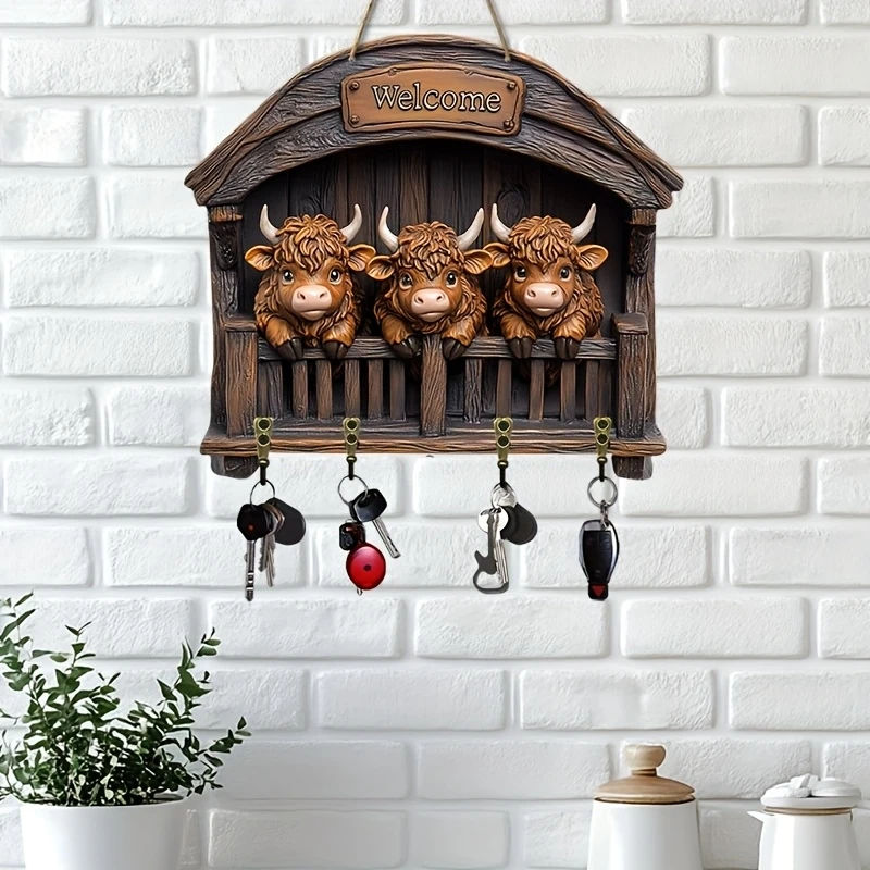 12in Retro Cartoon Three Highland Cow Wooden Key Hangers Home Entrance Signs Multi-functional Key Rack Farmhouse Decora Gifts